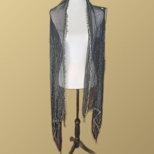 Sheer Black and Silver Striped‎ Scarf with Beaded Fringe